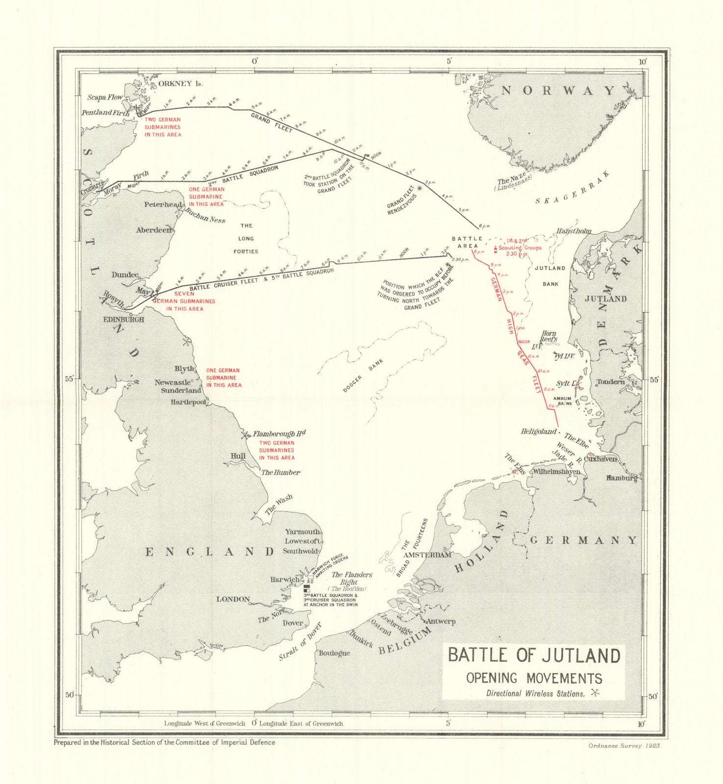 Battle of Jutland. Opening Movements. 31 May 1916. WW1. 1923 old antique map